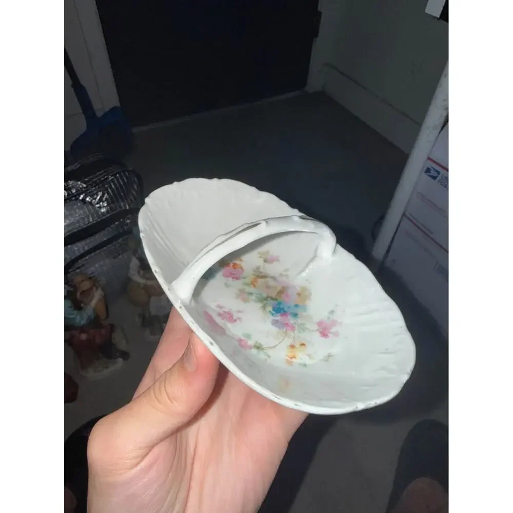 Vintage Fine China Basket With Handle, colored flower Pattern